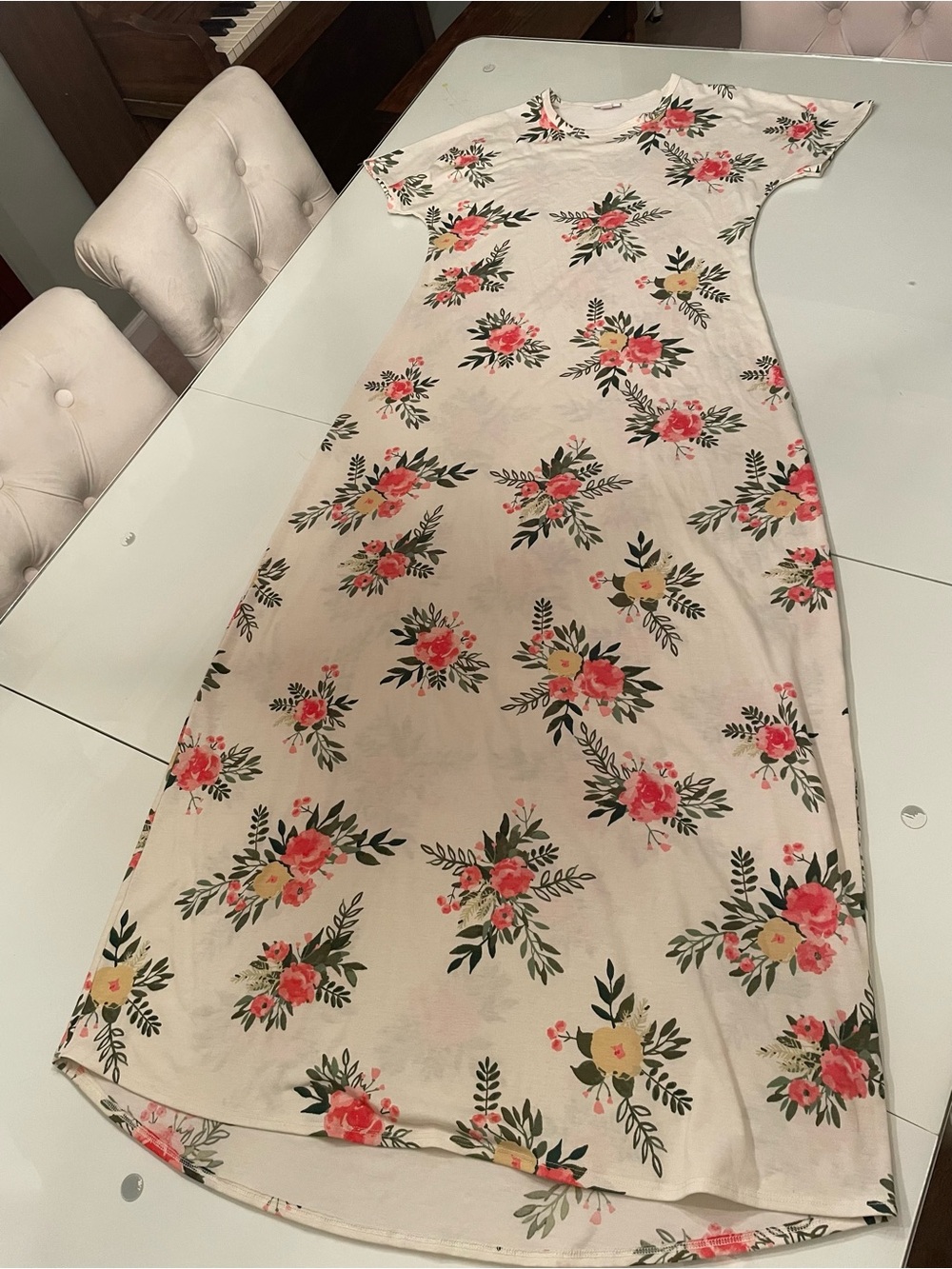 LuLaRoe Cream Maxi Dress with Pink and Green Floral Print